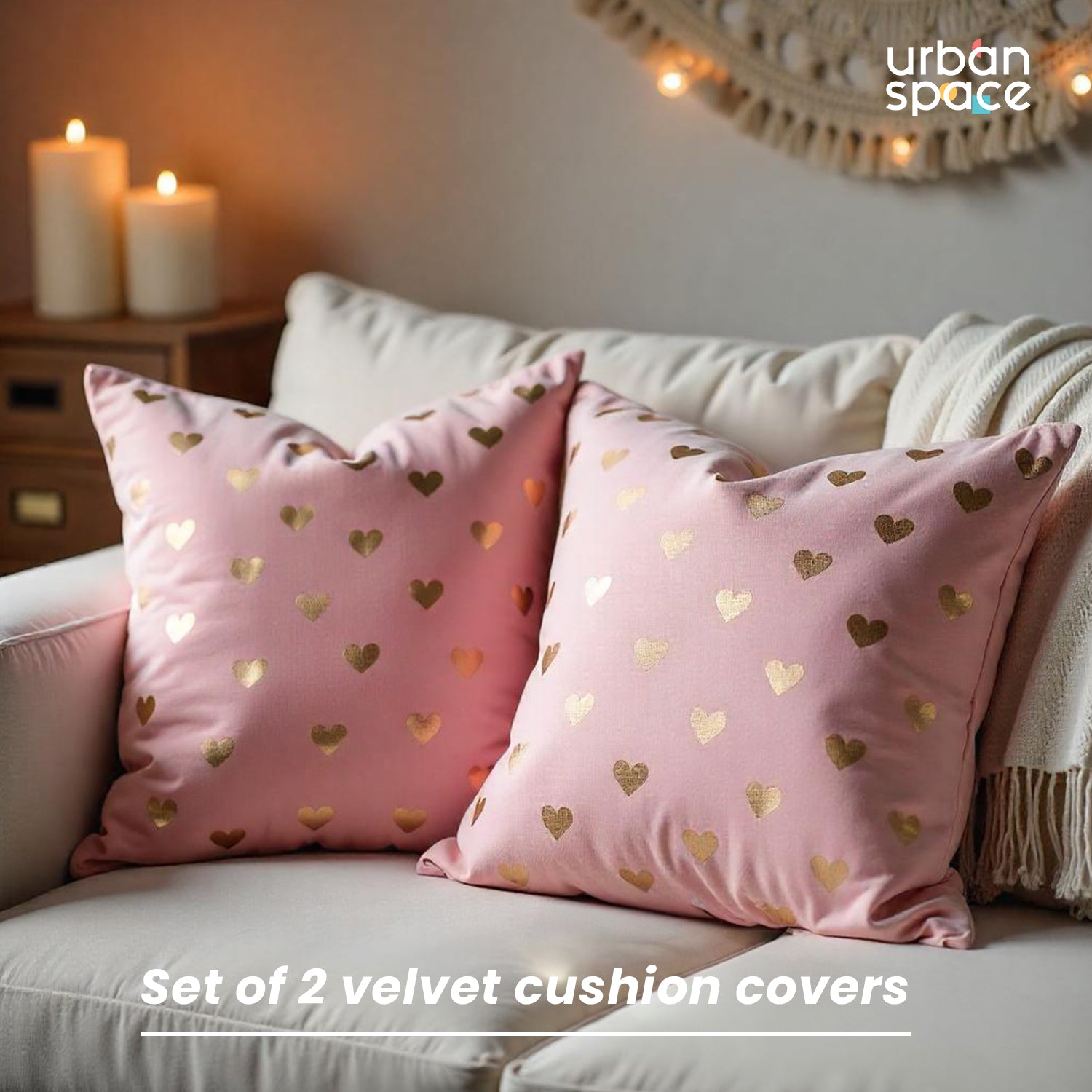 Decorative Velvet Gold Foil Heart Cushion Covers for Sofa, Bedroom, Living Room - Set of 2 - Heart of Gold Pink