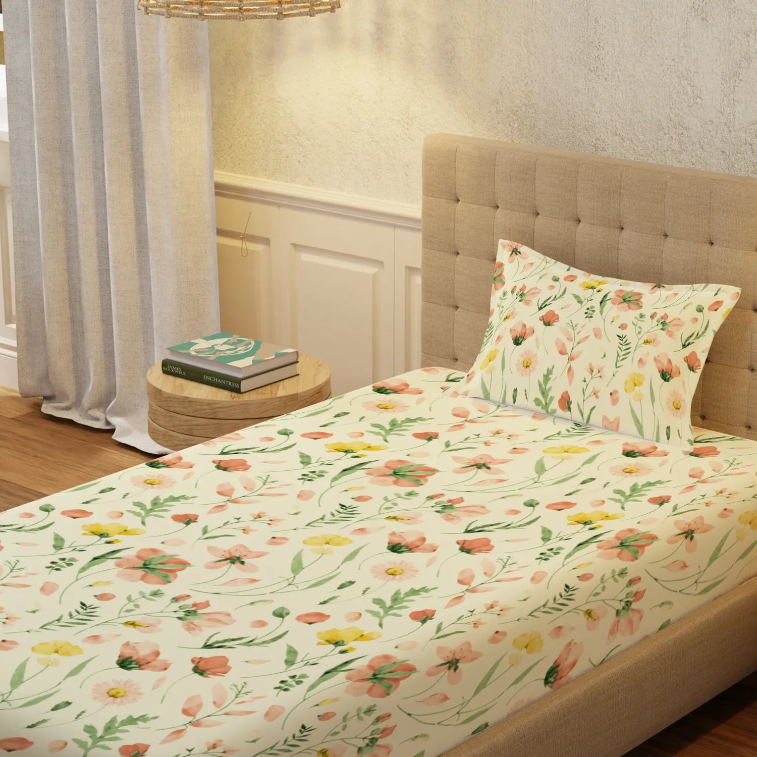 Serene 200 TC 100% Cotton Single Bedsheet with Pillow Covers - Meadows Buttercream