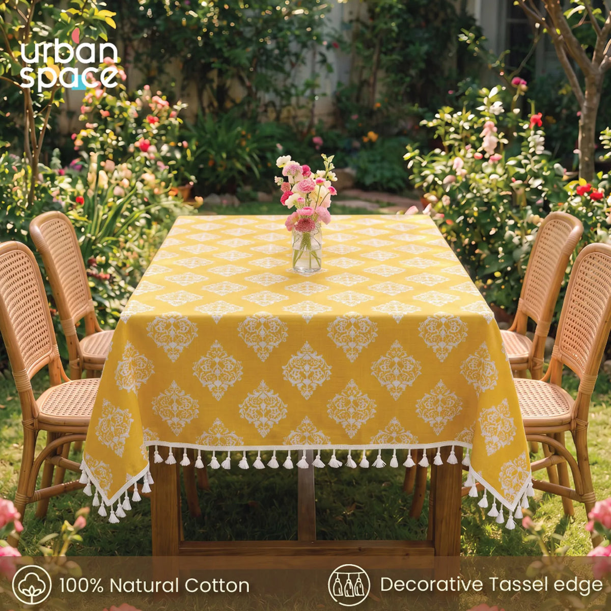 100% Cotton Table cloth/ table cover for 4 or 6 seater Dining / Centre Table - Motif Mustard