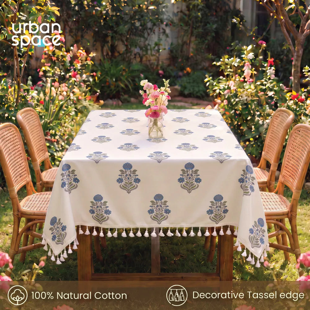 100% Cotton Dining Table Cover, Printed Cotton Table Cloth with Boho Tassels - Liberty Blue