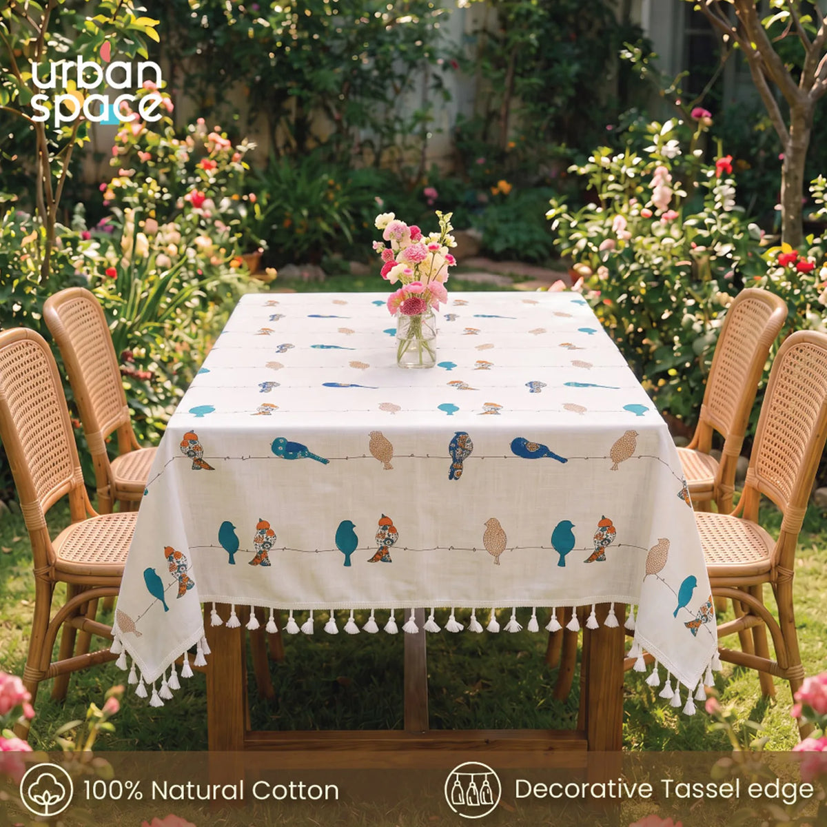 100% Cotton Table Cloth Runner for 4 or 6 Seater Dining/Centre Table - Humming Bird Blue