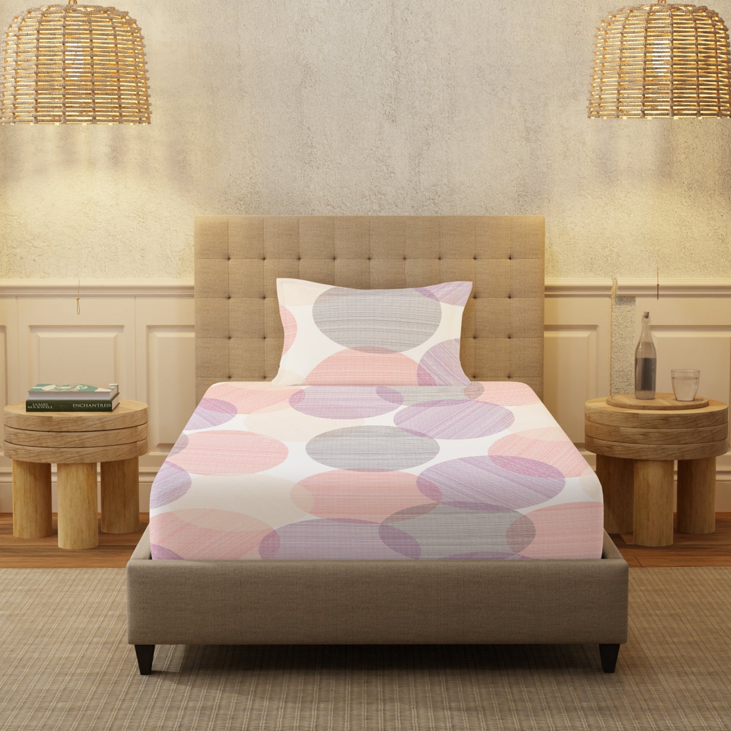 Serene 200 TC 100% Cotton Single Printed Bedsheet with Pillow Covers - Oval Pink