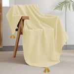 100% Cotton Waffle Throw Blanket, Soft Decorative Throw with Tassels - Beige