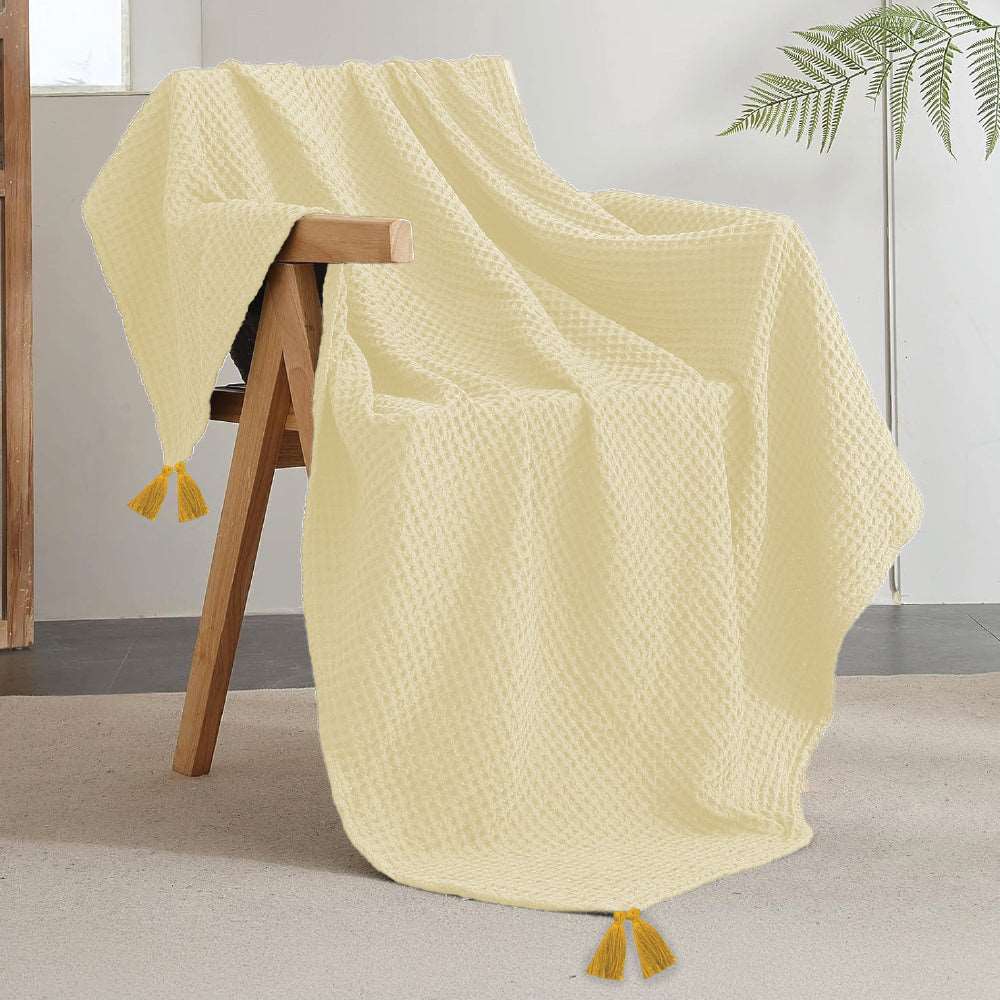100% Cotton Waffle Throw Blanket, Soft Decorative Throw with Tassels - Beige