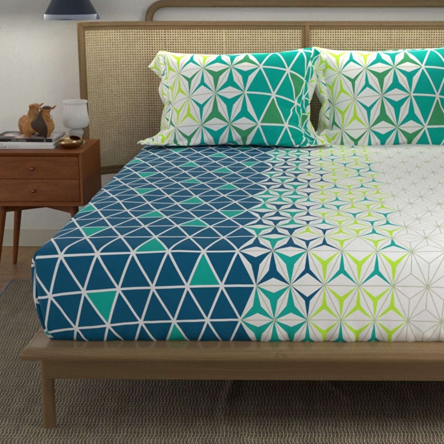 Divine Collection - Cotton Bedsheet With 2 Pillow Covers, Geomatric Blue