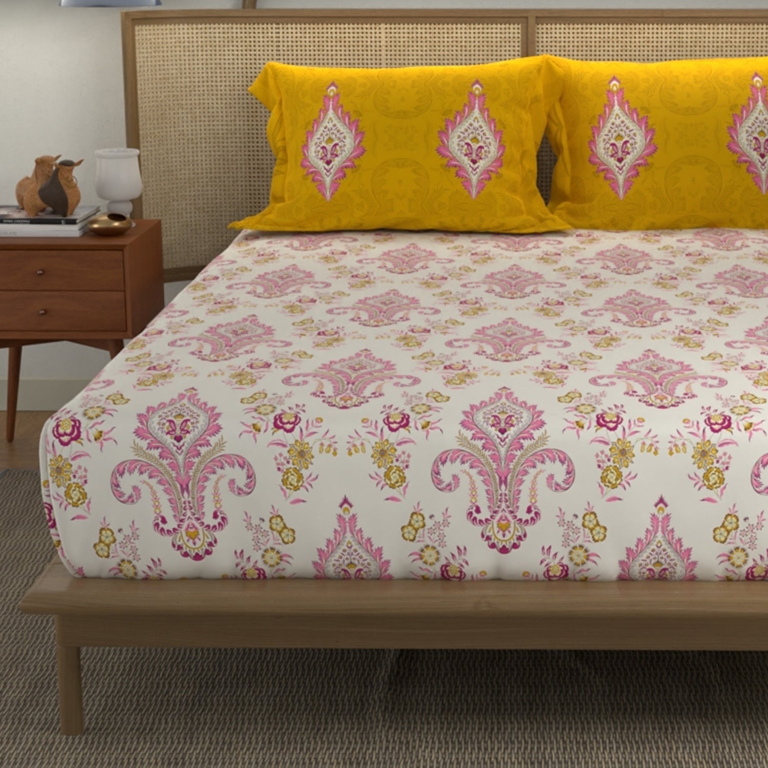 Divine Collection - 144 TC 100%  Cotton Double Bedsheet with 2 Pillow Covers - Motif Mustard