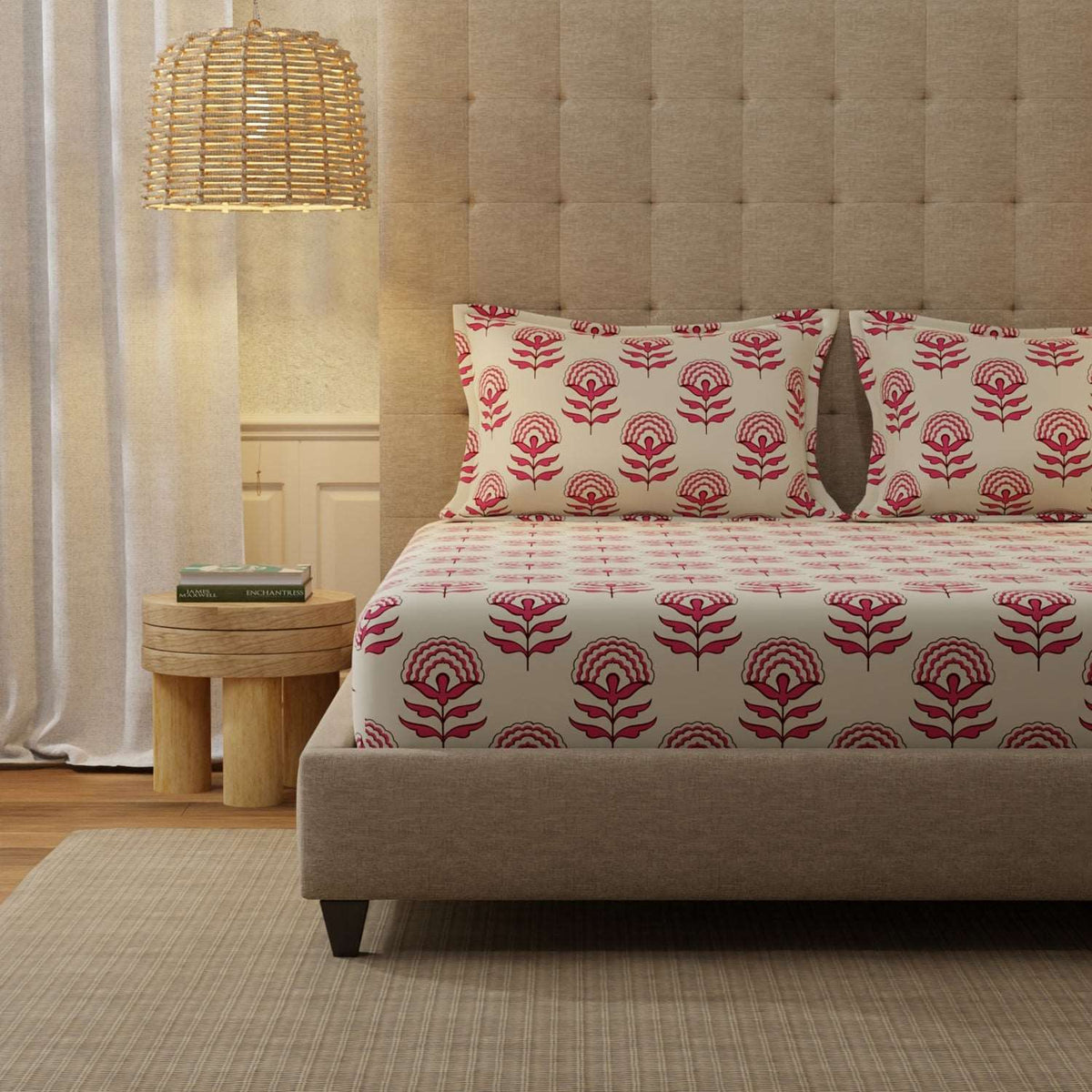 Serene 200 TC 100% Cotton Bedsheet with Pillow Covers - Florabell Cherry Red