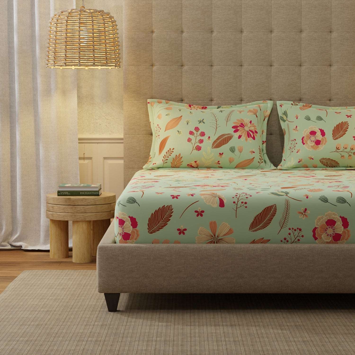 Serene 200 TC 100% Cotton Bedsheet with Pillow Covers - Florence Sage Green