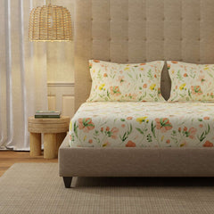Serene 200 TC 100% Cotton Bedsheet with Pillow Covers - Meadows Buttercream