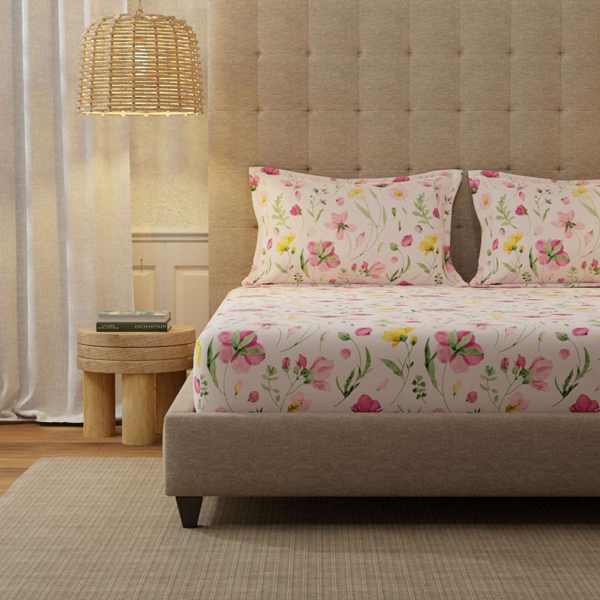 Serene 200 TC 100% Cotton Bedsheet with Pillow Covers - Meadows Rose Pink