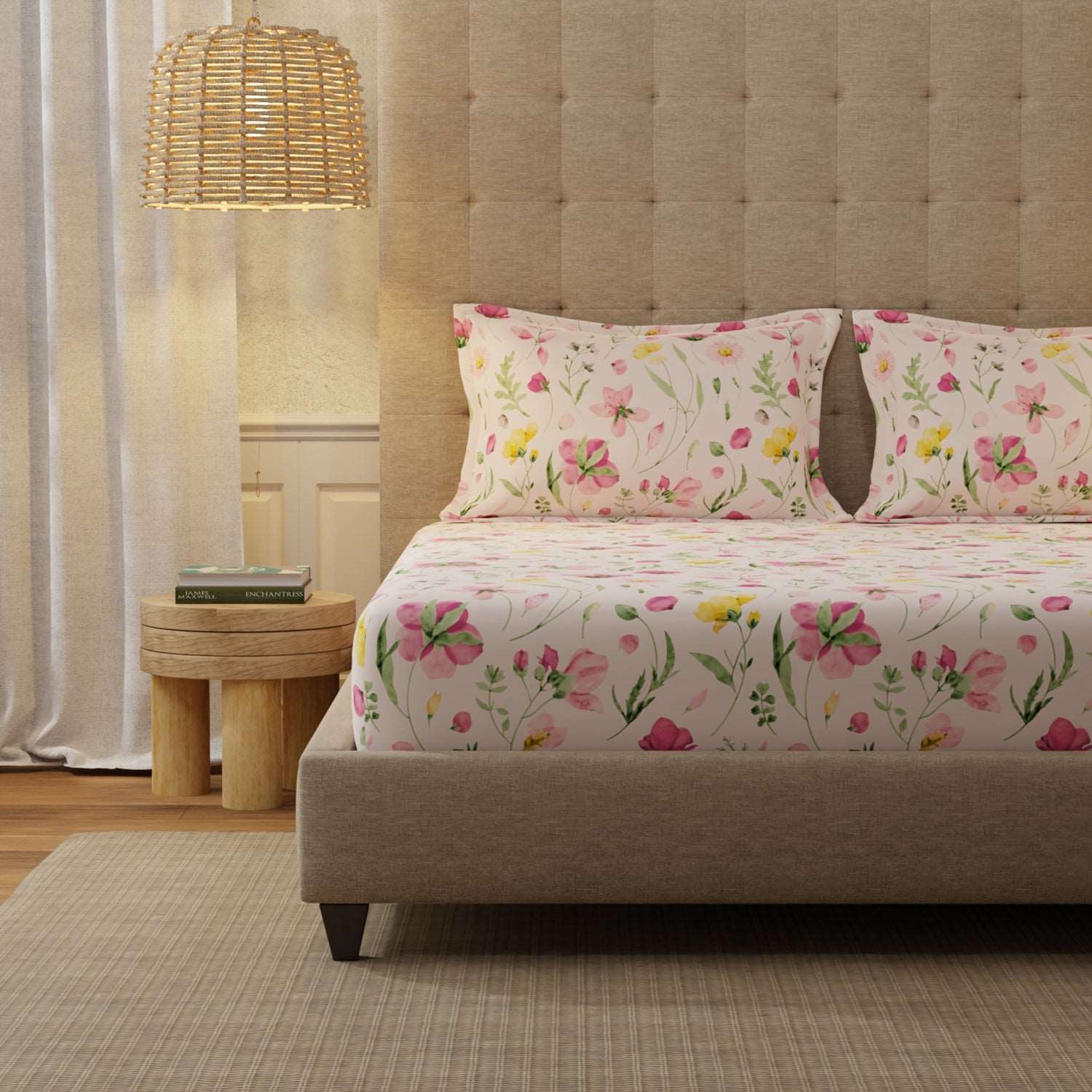 Serene 200 TC 100% Cotton Bedsheet with Pillow Covers - Meadows Rose Pink