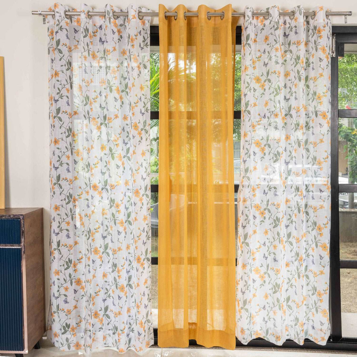 Sheer Curtains Combo, Set of 3 curtains, 35-40% Room Darkening Decorative Curtains - Floral Yellow & Yellow