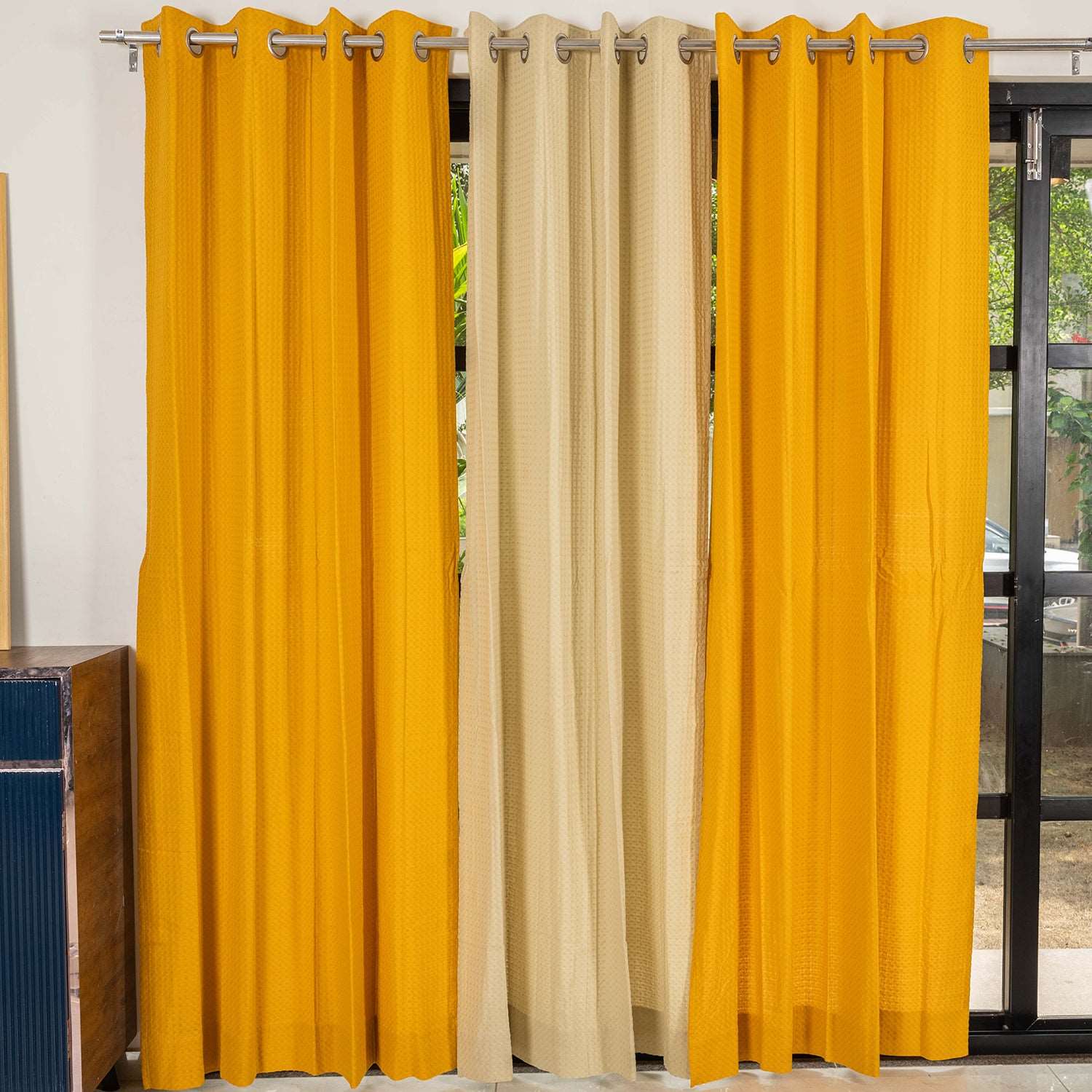 100% Cotton Waffle weave Curtains Combo, Set of 3 curtains, 60-65% Room Darkening Curtain - Mustard & Beige