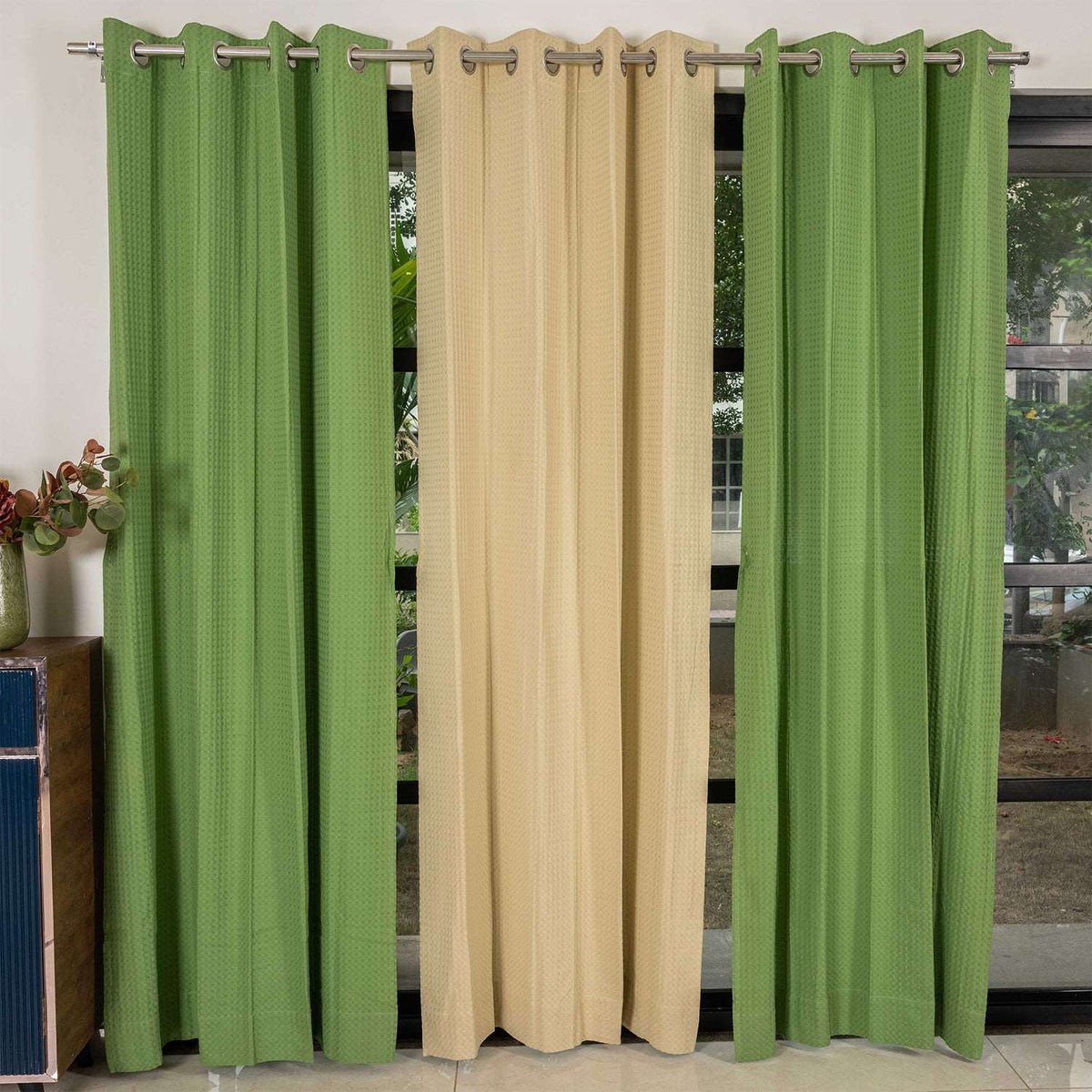 100% Cotton Waffle weave Curtains Combo, Set of 3 curtains, 60-65% Room Darkening Curtain - Sage Green & Beige