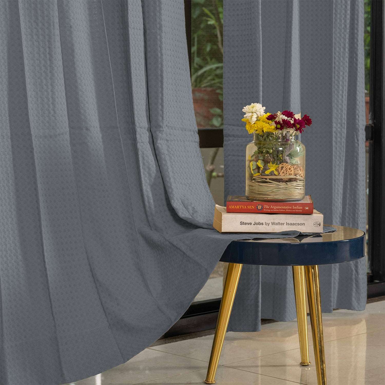 100% Cotton Waffle weave Curtains, 60-65% Room Darkening Curtain - Pack of 2 - Cool Grey