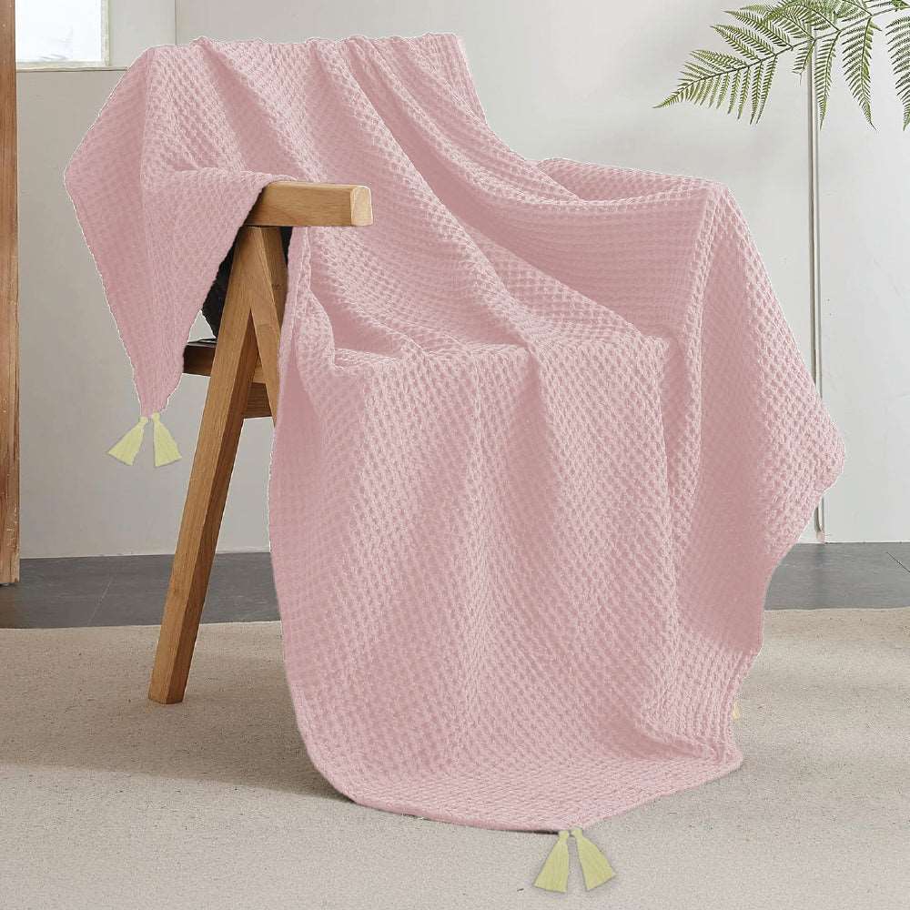 100% Cotton Waffle Throw Blanket, Soft Decorative Throw with Tassels - Blush Pink