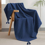 100% Cotton Waffle Throw Blanket, Soft Decorative Throw with Tassels - Navy Blue