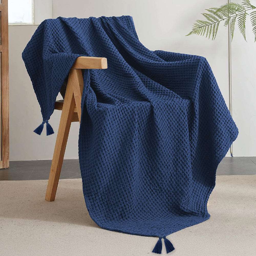 100% Cotton Waffle Throw Blanket, Soft Decorative Throw with Tassels - Navy Blue