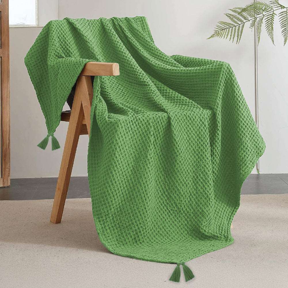 100% Cotton Waffle Throw Blanket, Soft Decorative Throw with Tassels - Sage Green