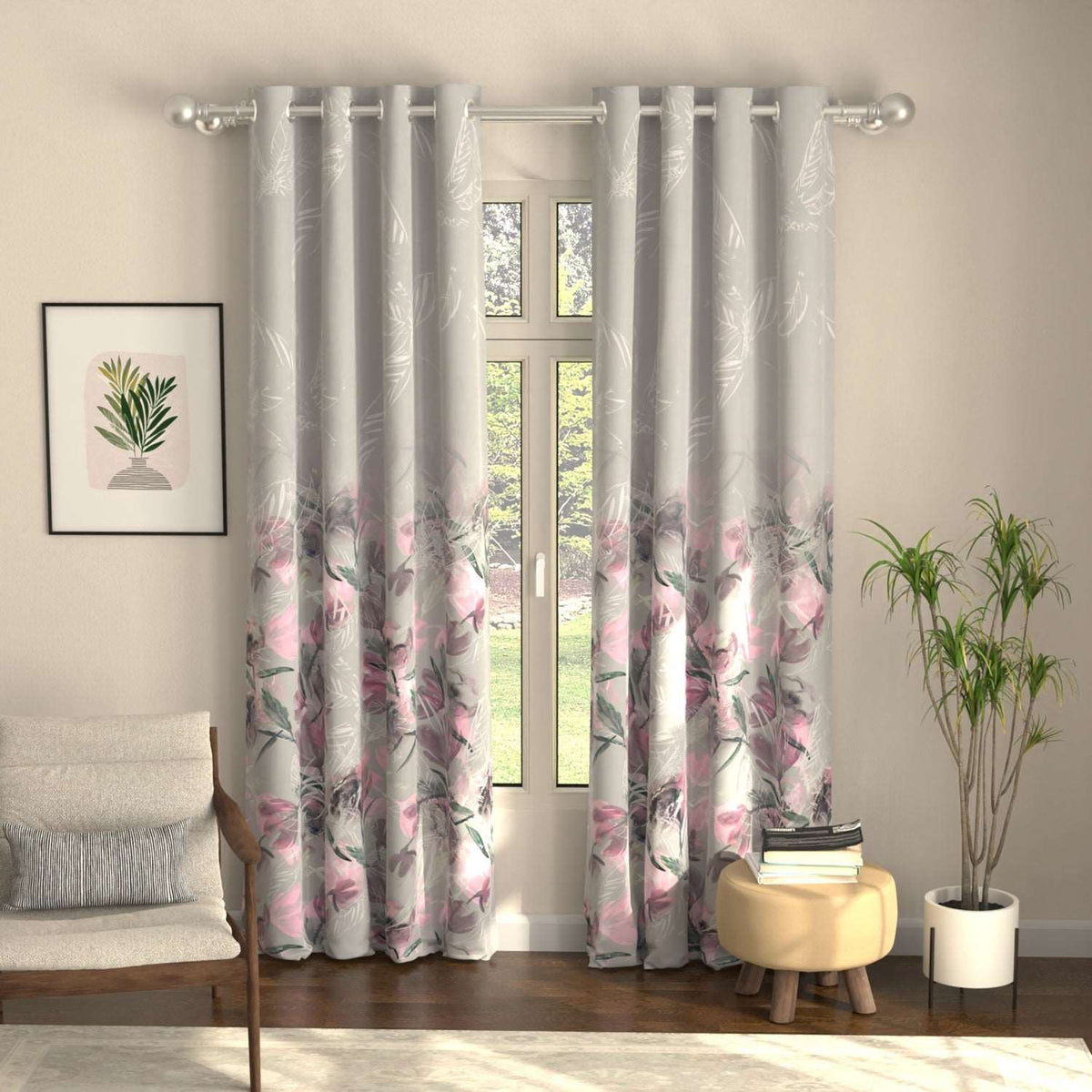 Blackout Curtains, Digital Printed Curtains, Pack of 2 Curtains - Winter Crocus Pink