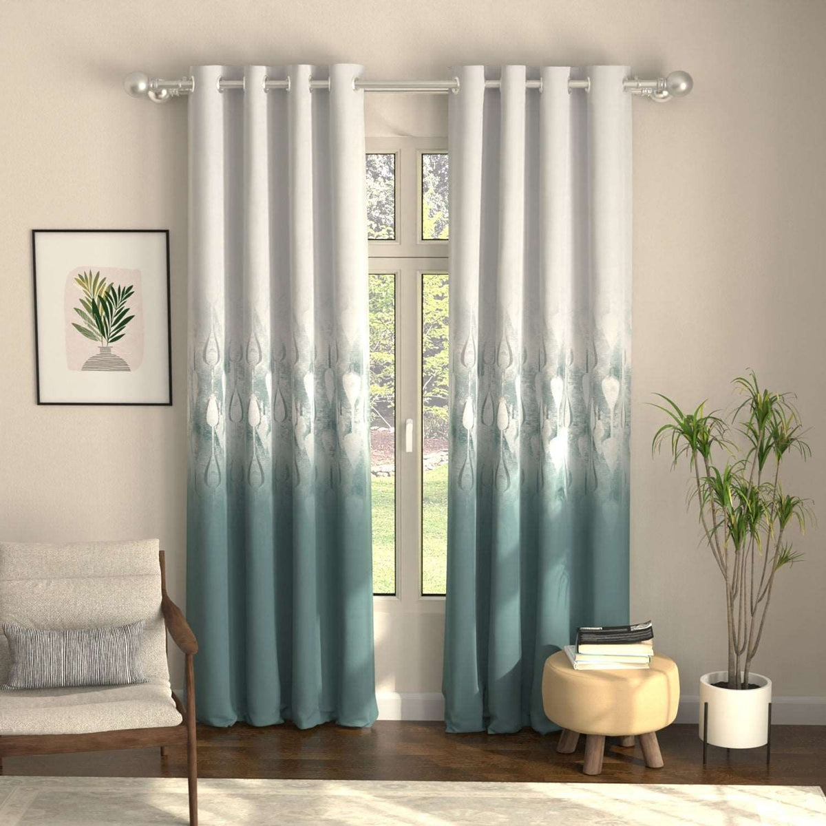 Blackout Curtains, Digital Printed Curtains, Pack of 2 Curtains - Sea Mist Turquoise