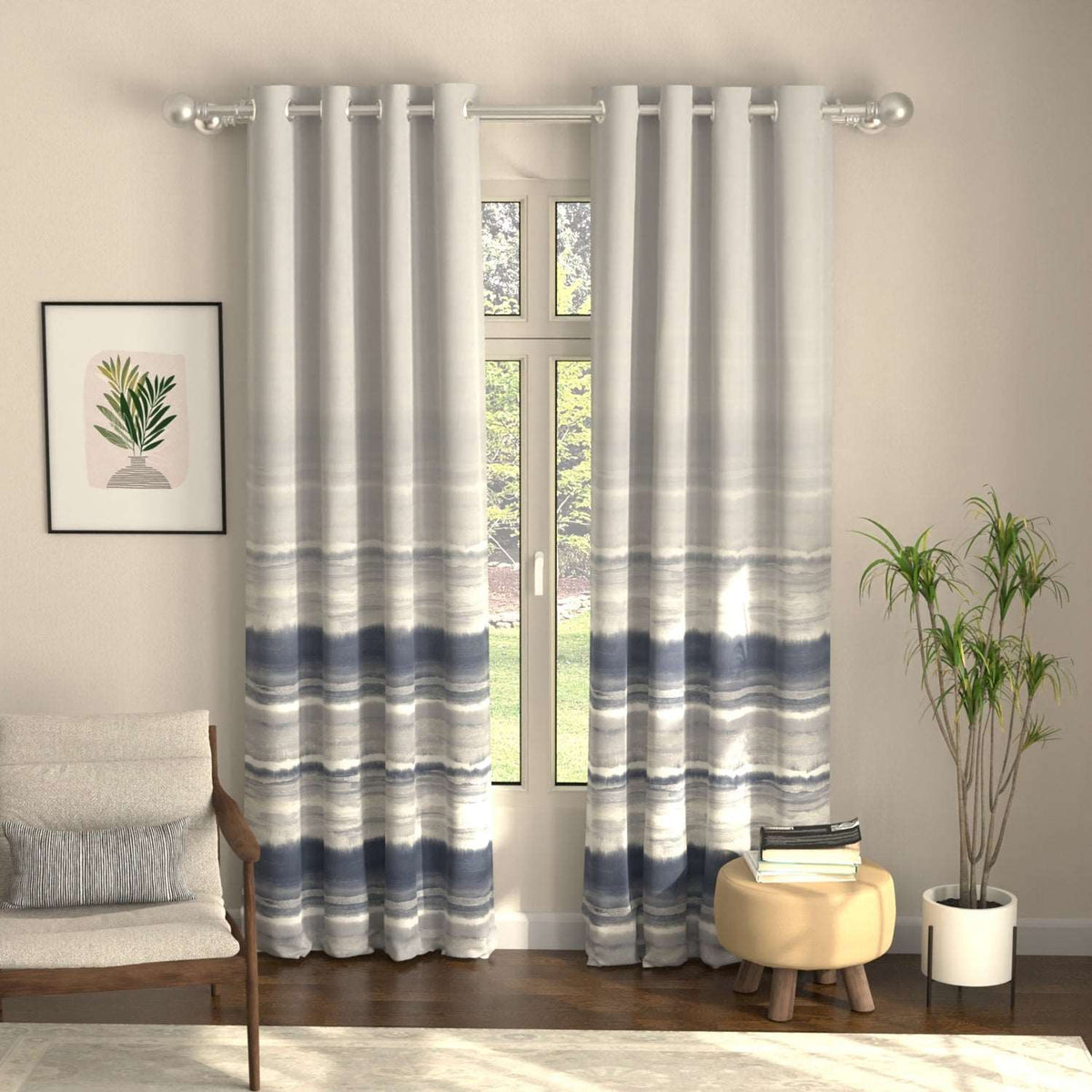 Blackout Curtains, Digital Printed Curtains, Pack of 2 Curtains - Coastal Tides Navy