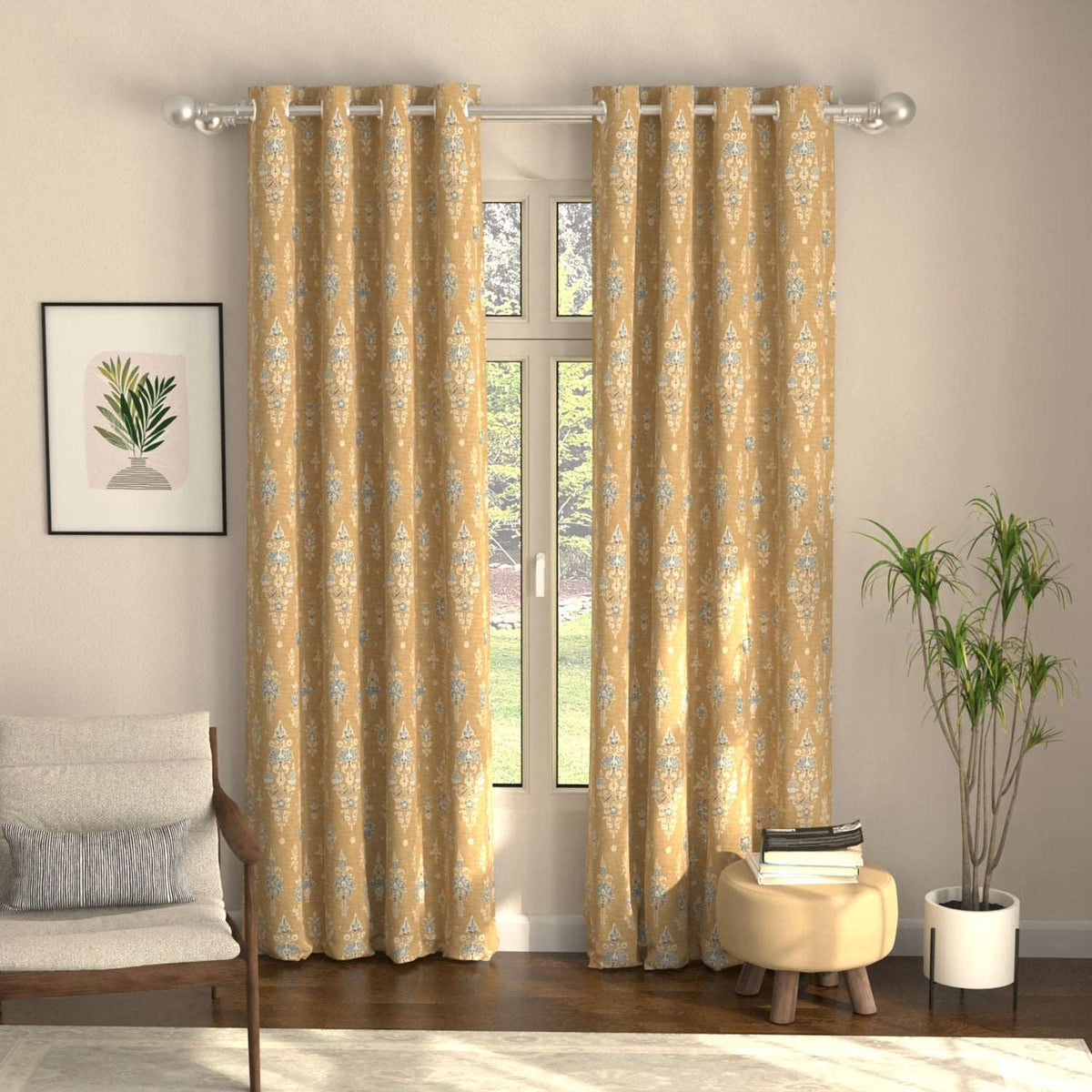 Blackout Curtains, Digital Printed Curtains, Pack of 2 Curtains - Imperial Mustard