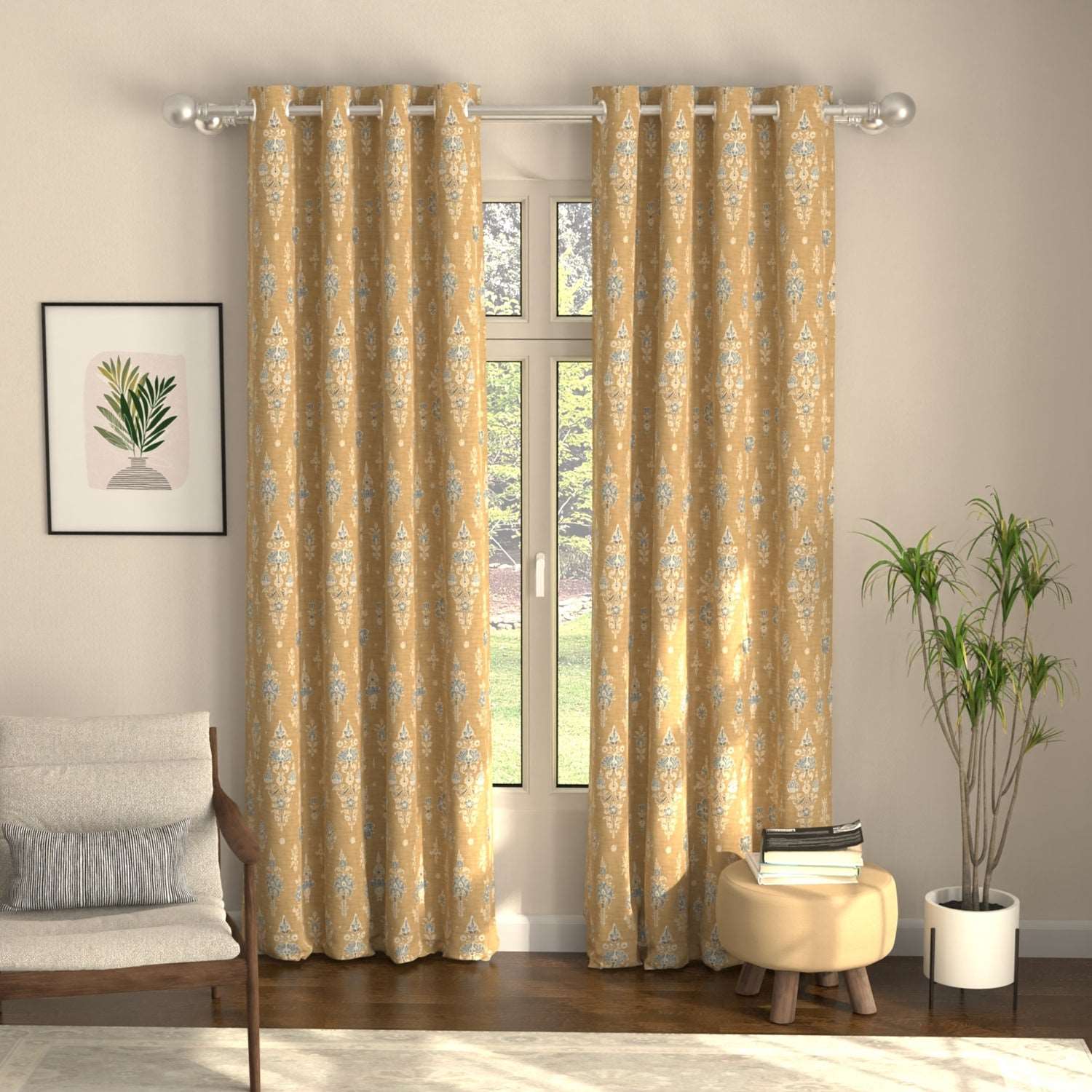 Blackout Curtains, Digital Printed Curtains, Pack of 2 Curtains - Imperial Mustard