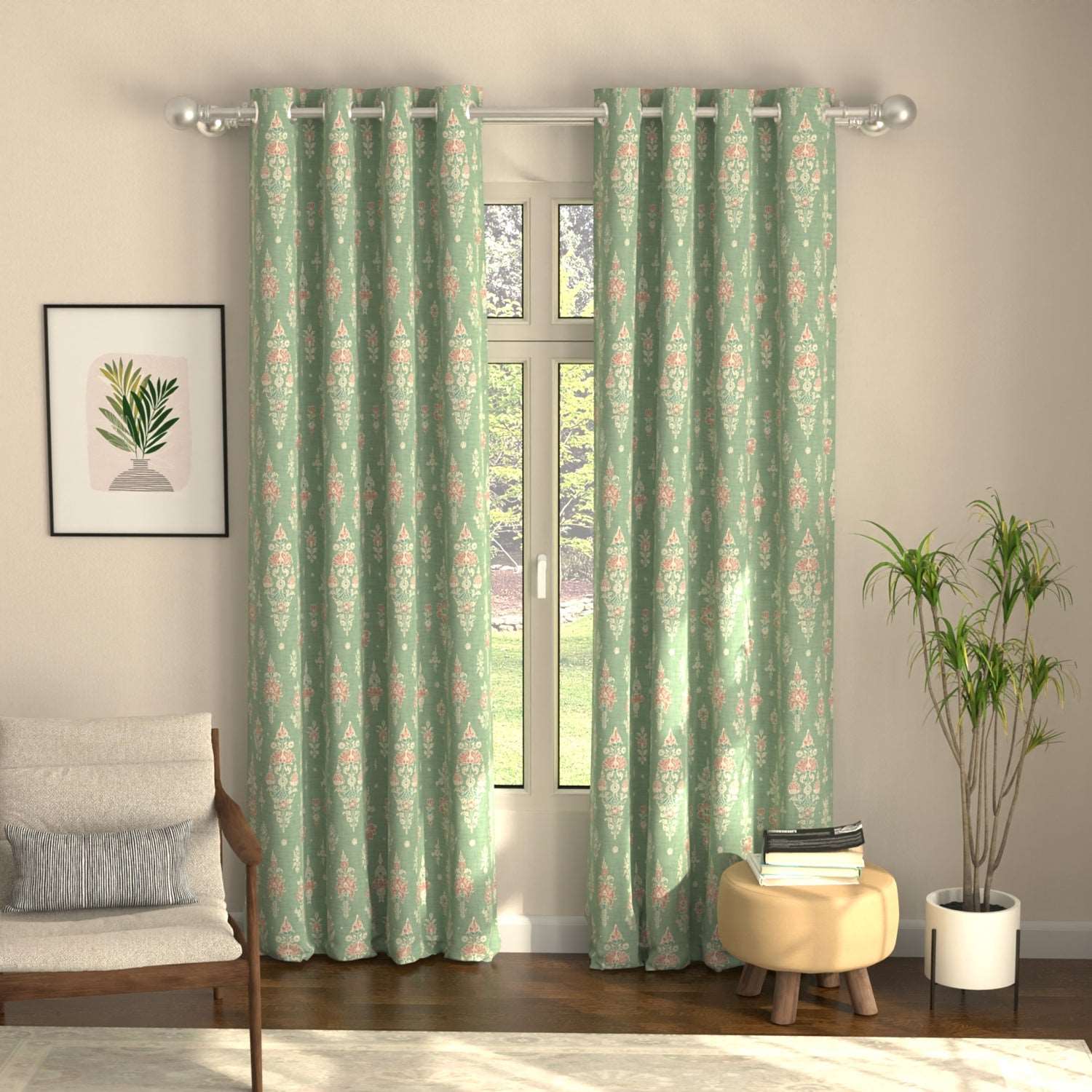 Blackout Curtains, Digital Printed Curtains, Pack of 2 Curtains - Imperial Sage Green
