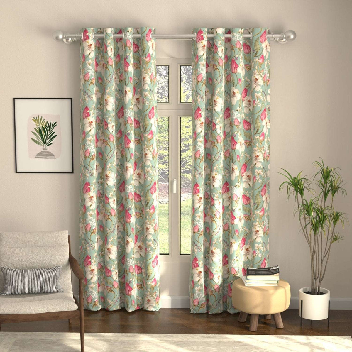 Blackout Curtains, Digital Printed Curtains, Pack of 2 Curtains - Flora Nova Sage