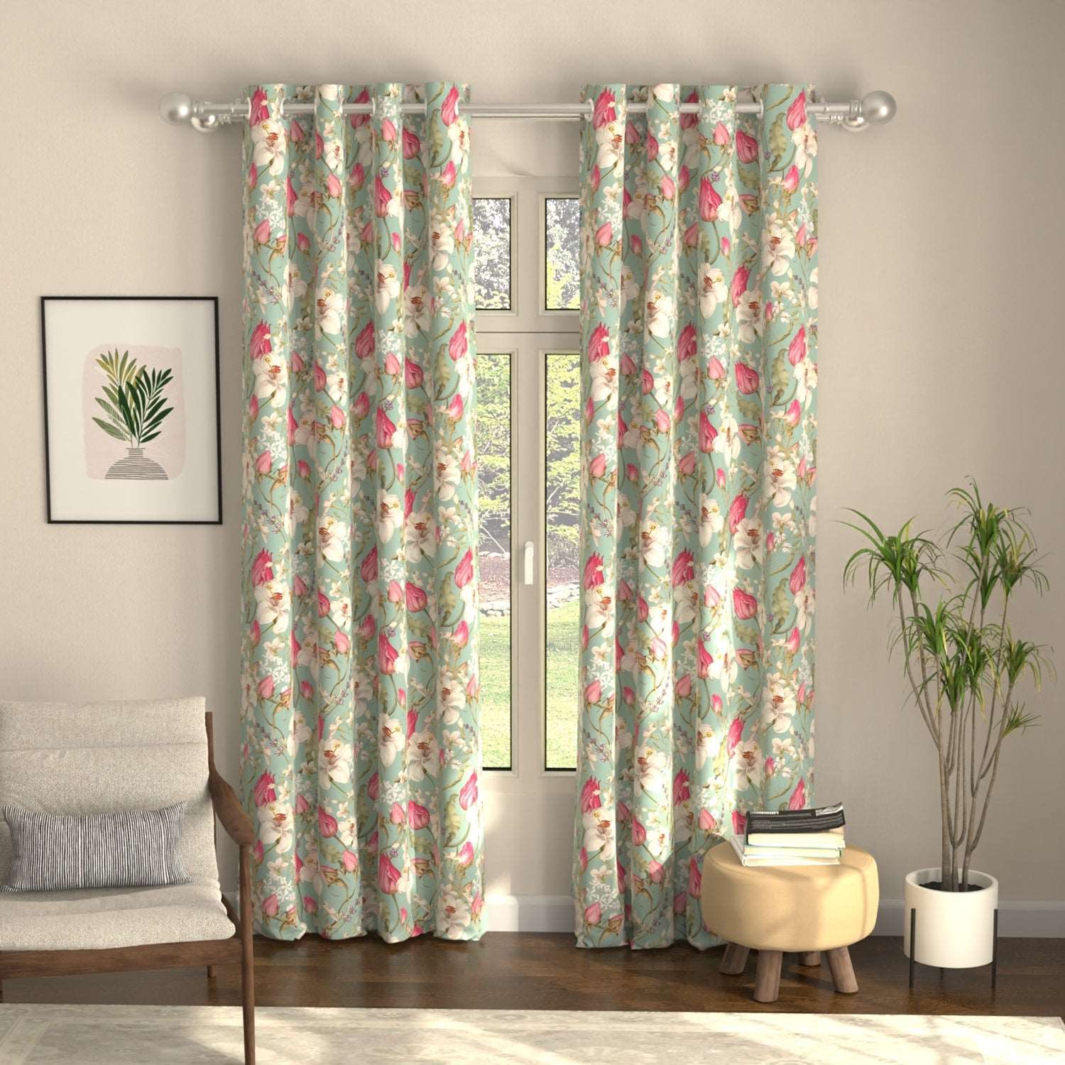Blackout Curtains, Digital Printed Curtains, Pack of 2 Curtains - Flora Nova Sage