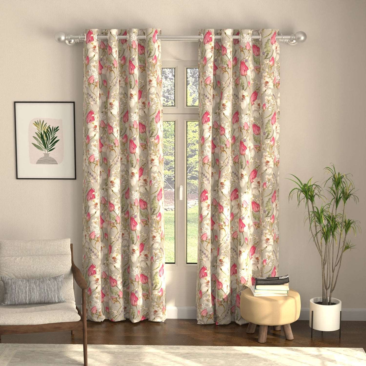 Blackout Curtains, Digital Printed Curtains, Pack of 2 Curtains - Flora Nova Grey