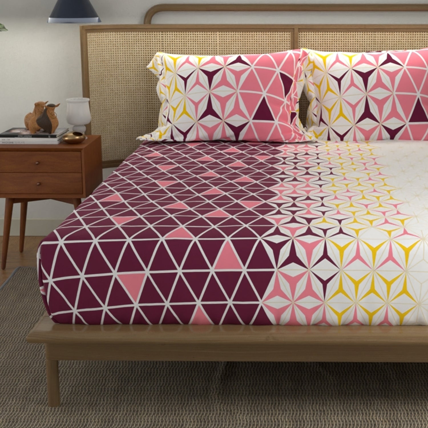 Divine Collection - Cotton Bedsheet With 2 Pillow Covers, Geometric Maroon