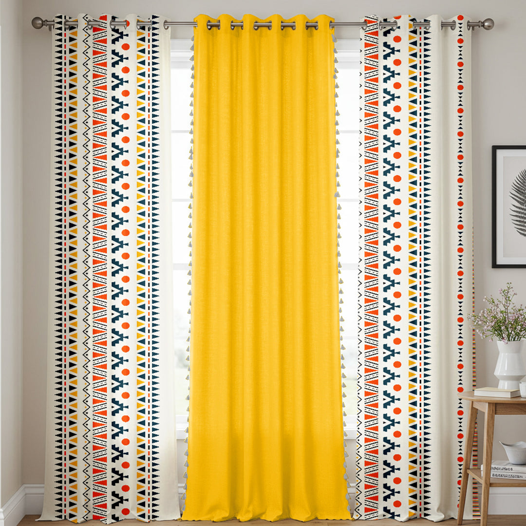 Cotton Curtains Combo, Set of 3 curtains, 60-65% Room Darkening Curtain - Ikat Orange & Aura Yellow