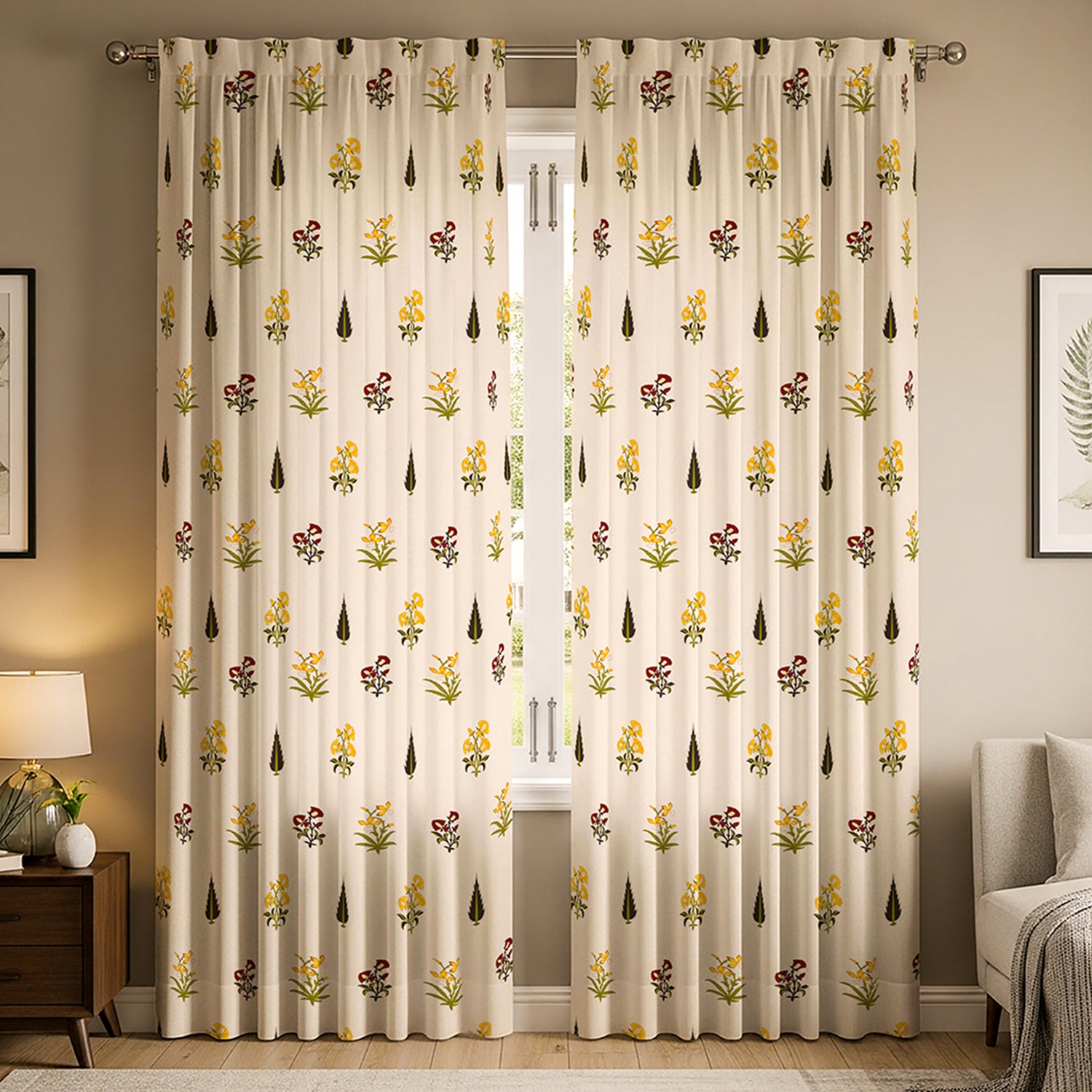 100% Cotton Curtains for Living Room with Rod Pocket, Bedroom curtains - Pack of 2 curtains, High Garden Yellow