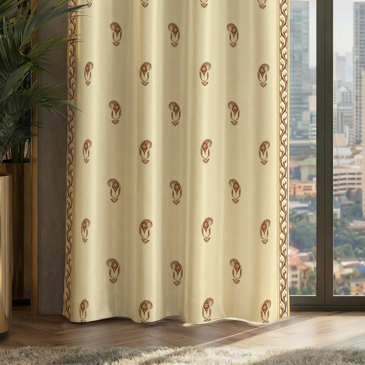 Digital Printed 100% Blackout Curtains, Pack of 2 Curtains - Jaipur Paisley Rust