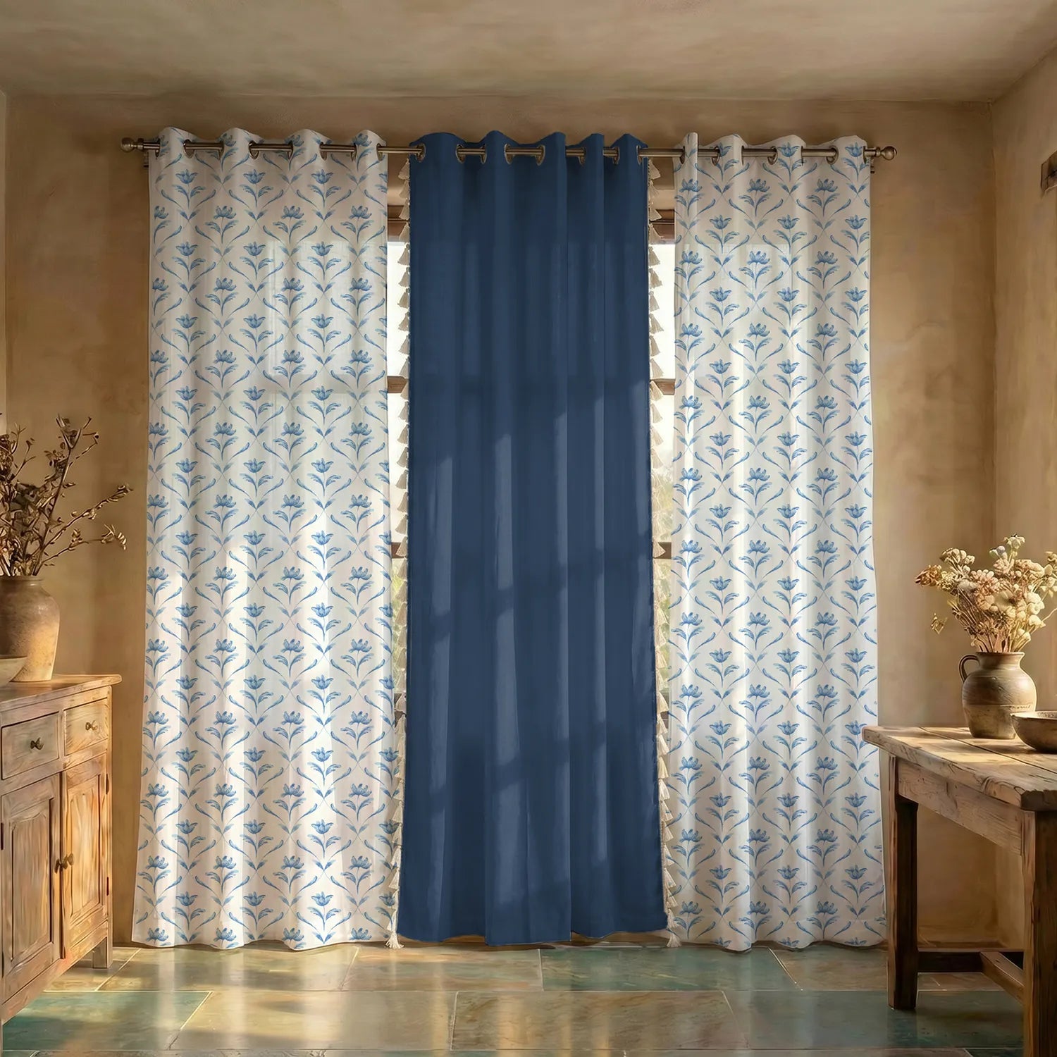 Cotton Curtains Combo, Set of 3 curtains, 60-65% Room Darkening Curtain - Water Lily - Blue & Aura Indigo