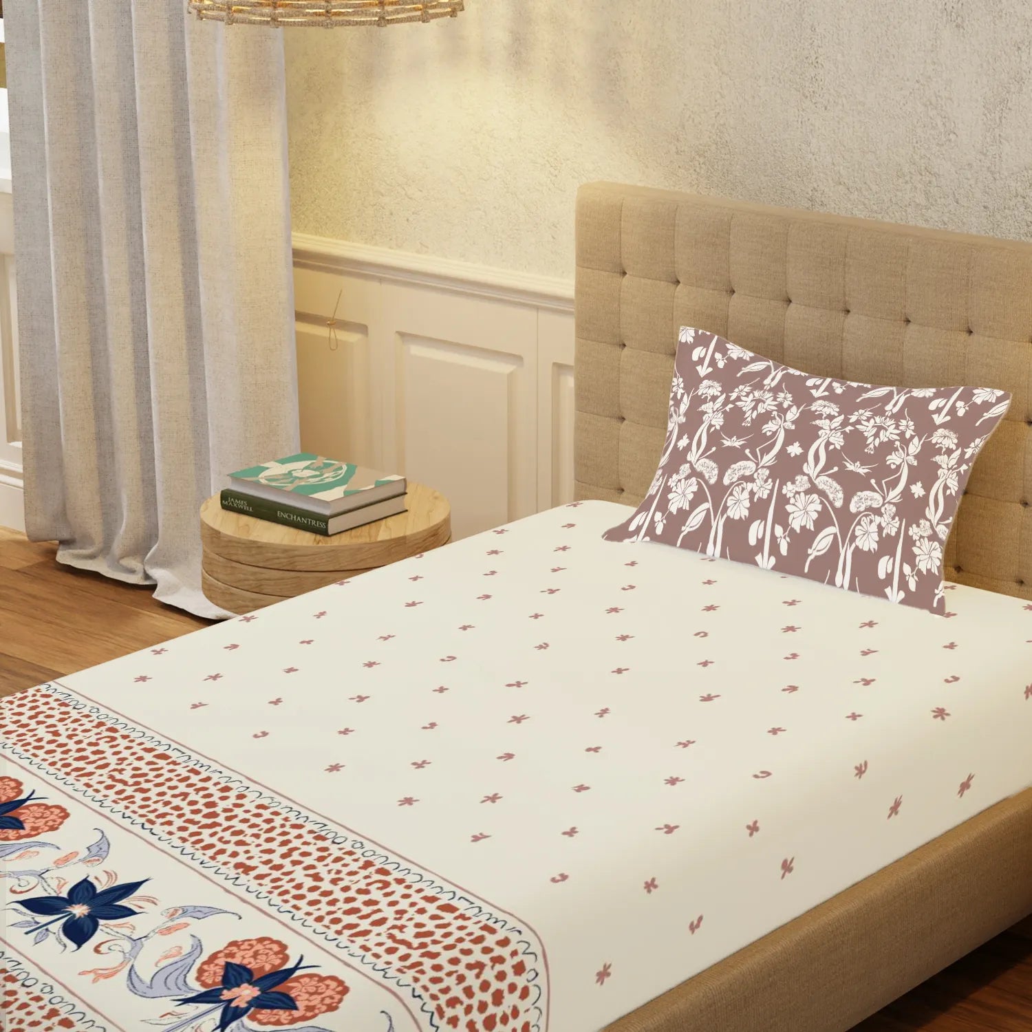 Serene 200 TC 100% Cotton Single Bedsheet with Pillow Covers - Ivy Bloom Terra