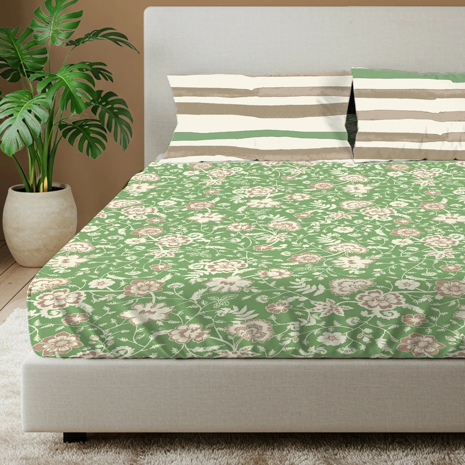Divine Collection - Cotton Bedsheet With 2 Pillow Covers, Viola Sage Green