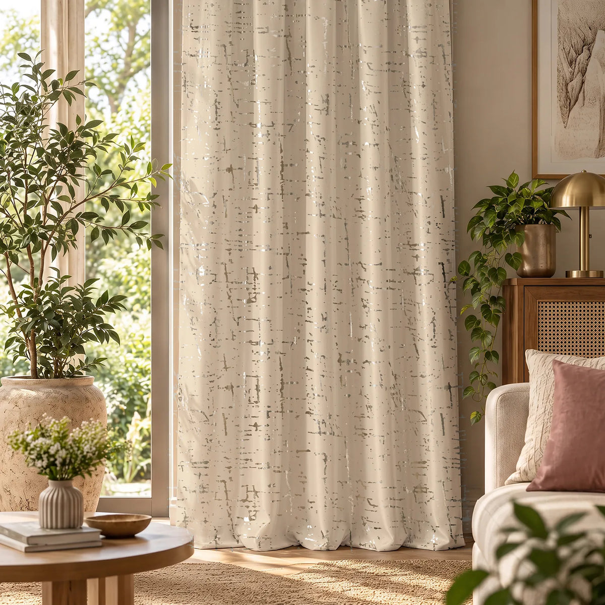 Gold Foil Printed 80-85% Blackout Curtains - Pack of 1 Curtain - Sparkle- Beige