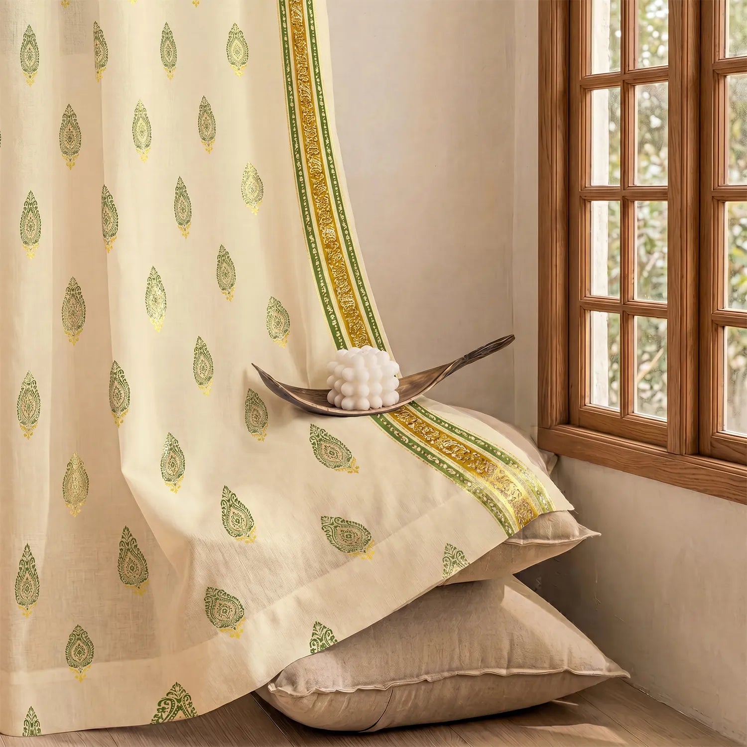 100% Cotton Gold Foil Curtains for Living Room, Bedroom curtains - Pack of 2 curtains, Zari Buta Sage Green Gold