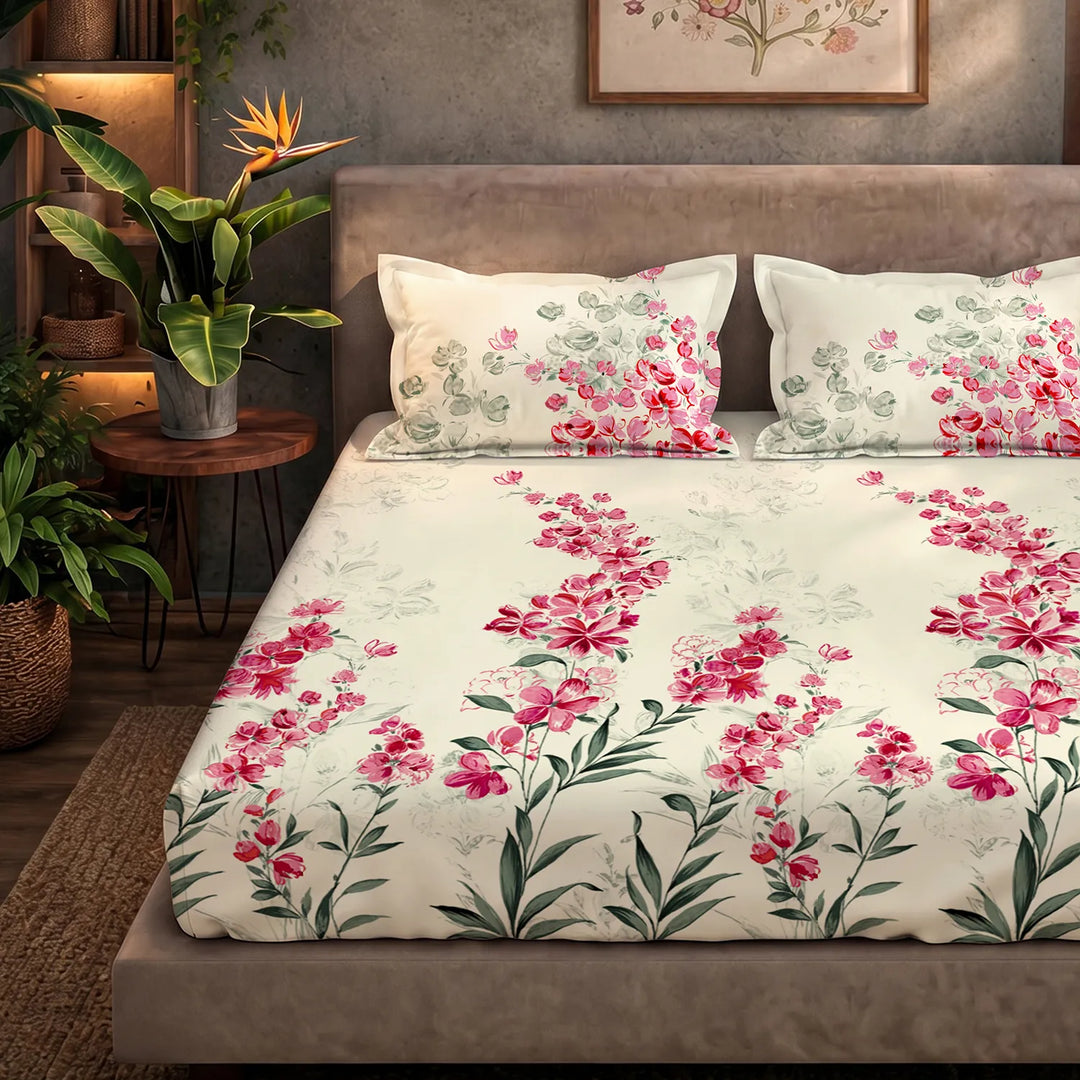 Serene 200 TC 100% Cotton Printed Bedsheet with Pillow Covers - Majestic Pink