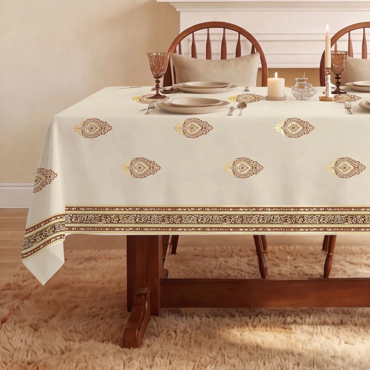 100% Cotton Table cloth/ table cover for 4 or 6 seater Dining / Centre Table - Zari Buta Brown