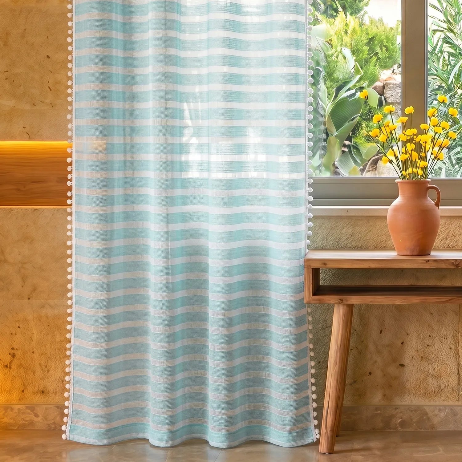 Aari Collection Embriodered Sheer Curtains, 35-40 % Light Filtering Curtains - Pack of 2 - Horizontal Weaves SkyBlue