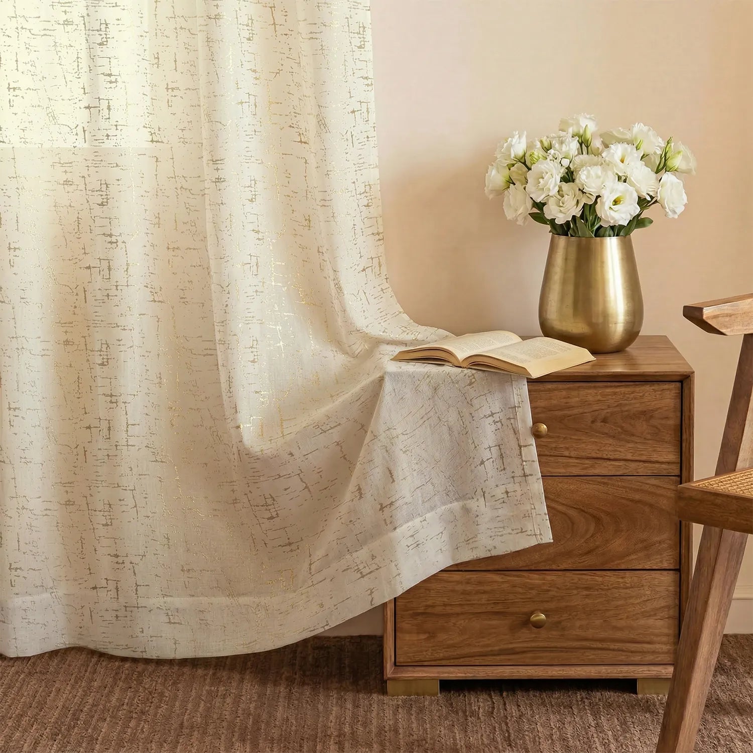 Linen Textured Metallic Gold Foil Sheer Curtains, Pack of 2 Curtains - Sparkle - Butter Cream