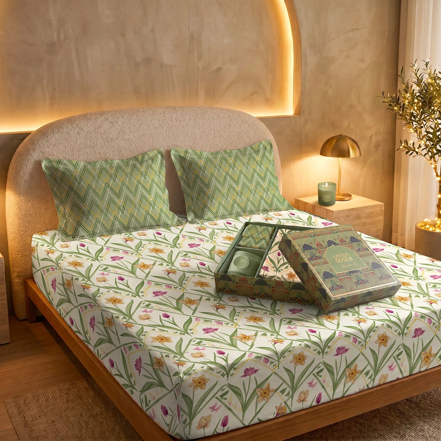 100% Cotton Bedsheet Set in a Premium Gift Box with Scented Candle - Spring Sage Green