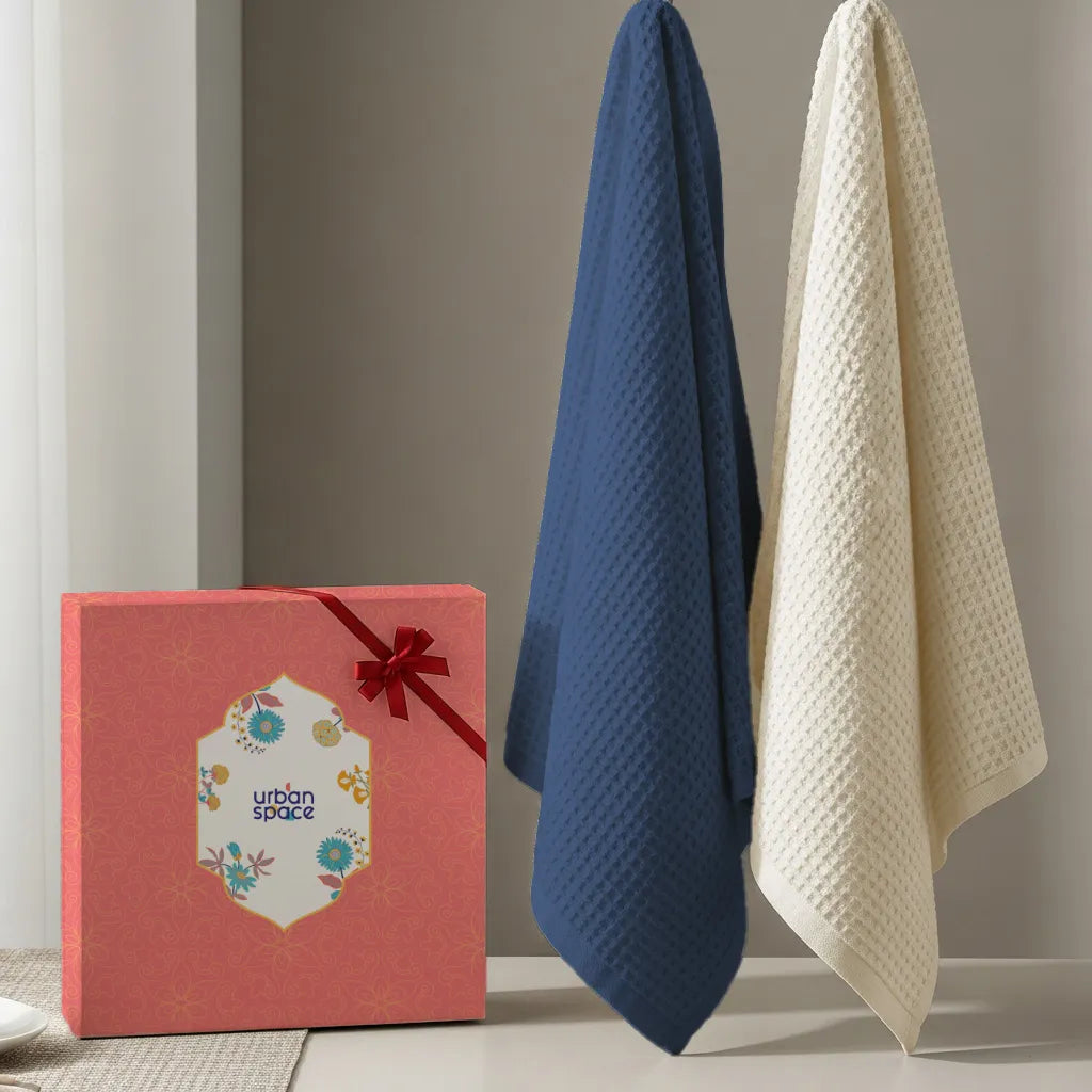 2 Bath towel in Gift Box, Navy Blue & Beige