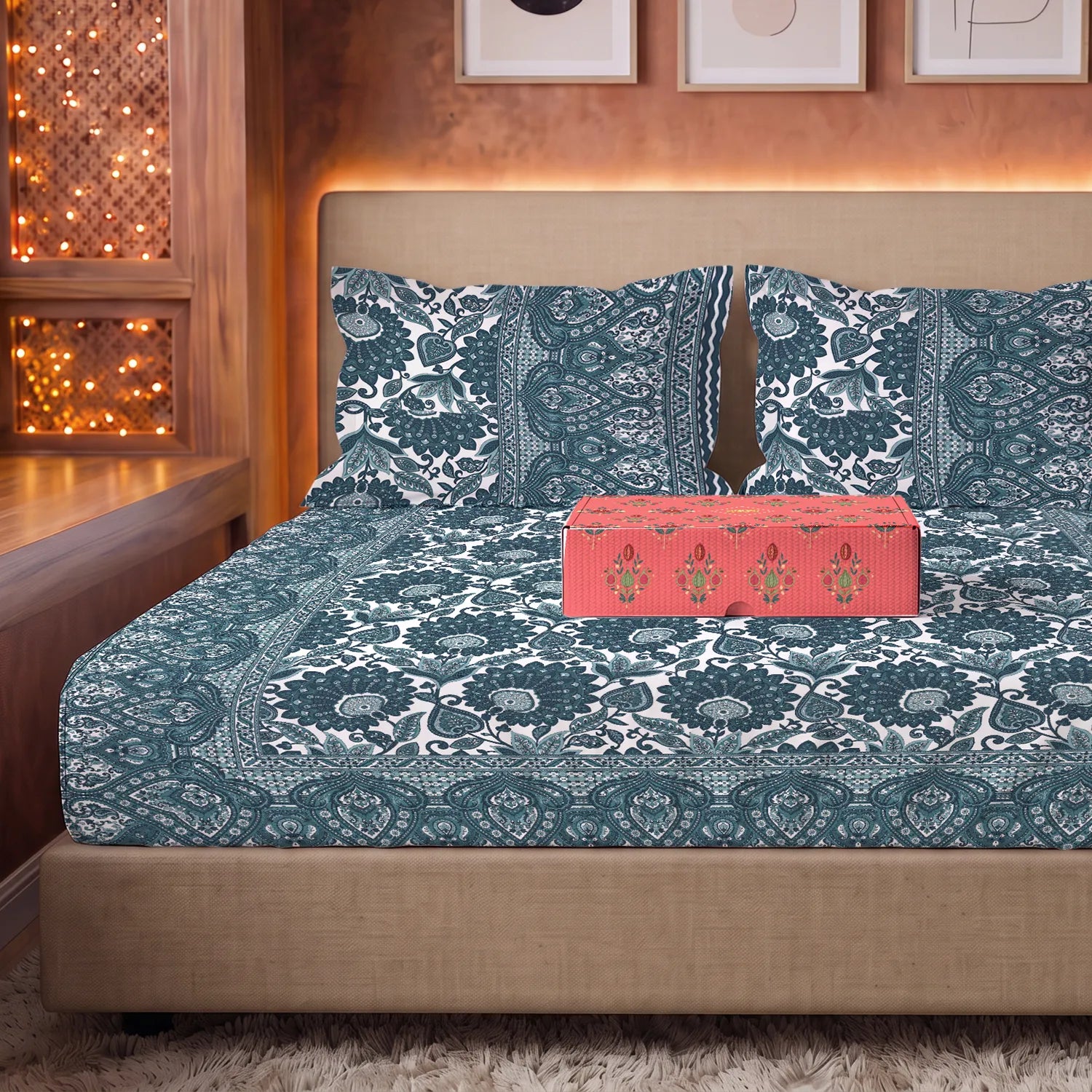 Rajasthani Ethnic 100% Cotton Bedsheet with 2 Pillow Covers in Giftbox, Double Size - Morbagh