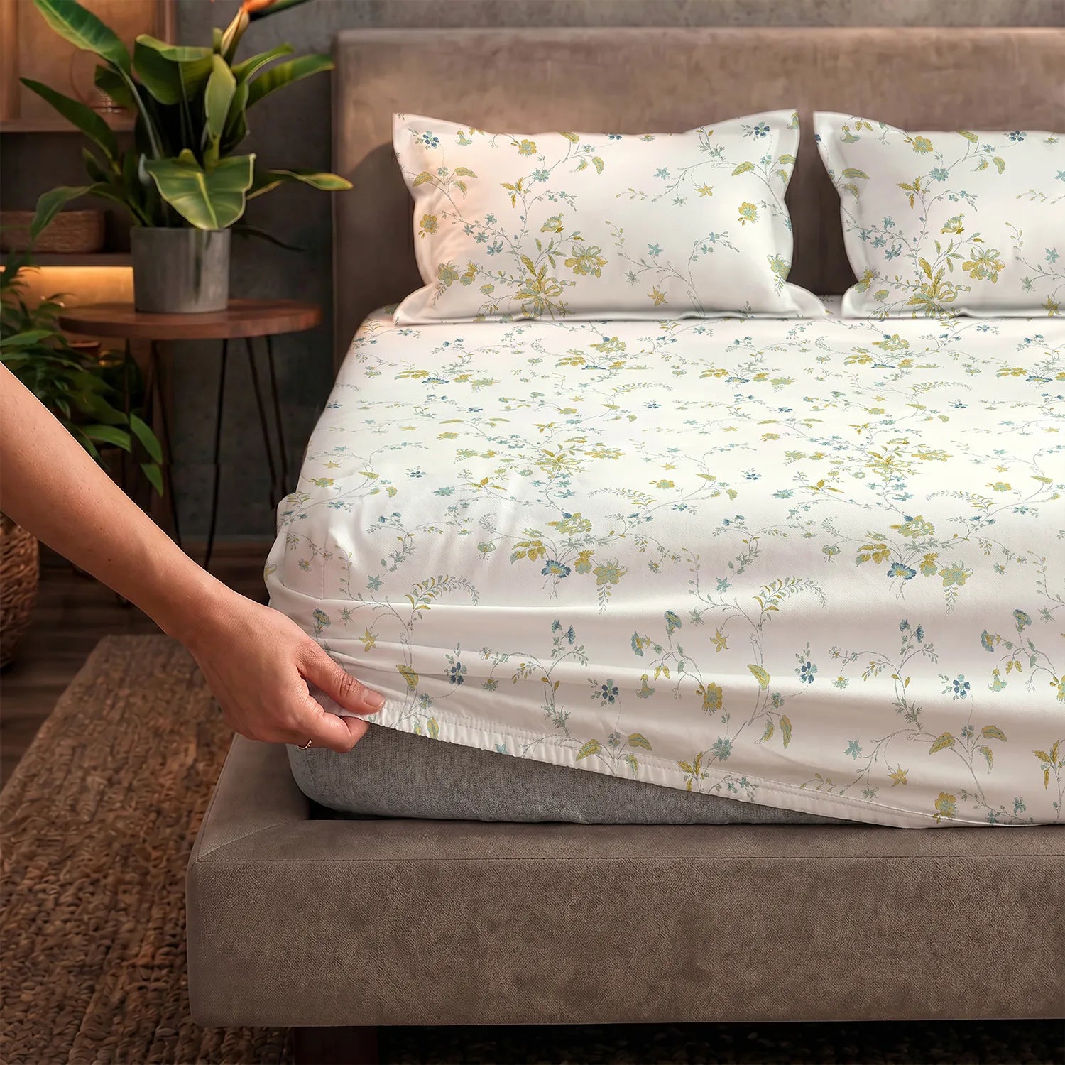 Fitted King Size Cotton Bedsheet - Bloom Pearls Sage Mustard