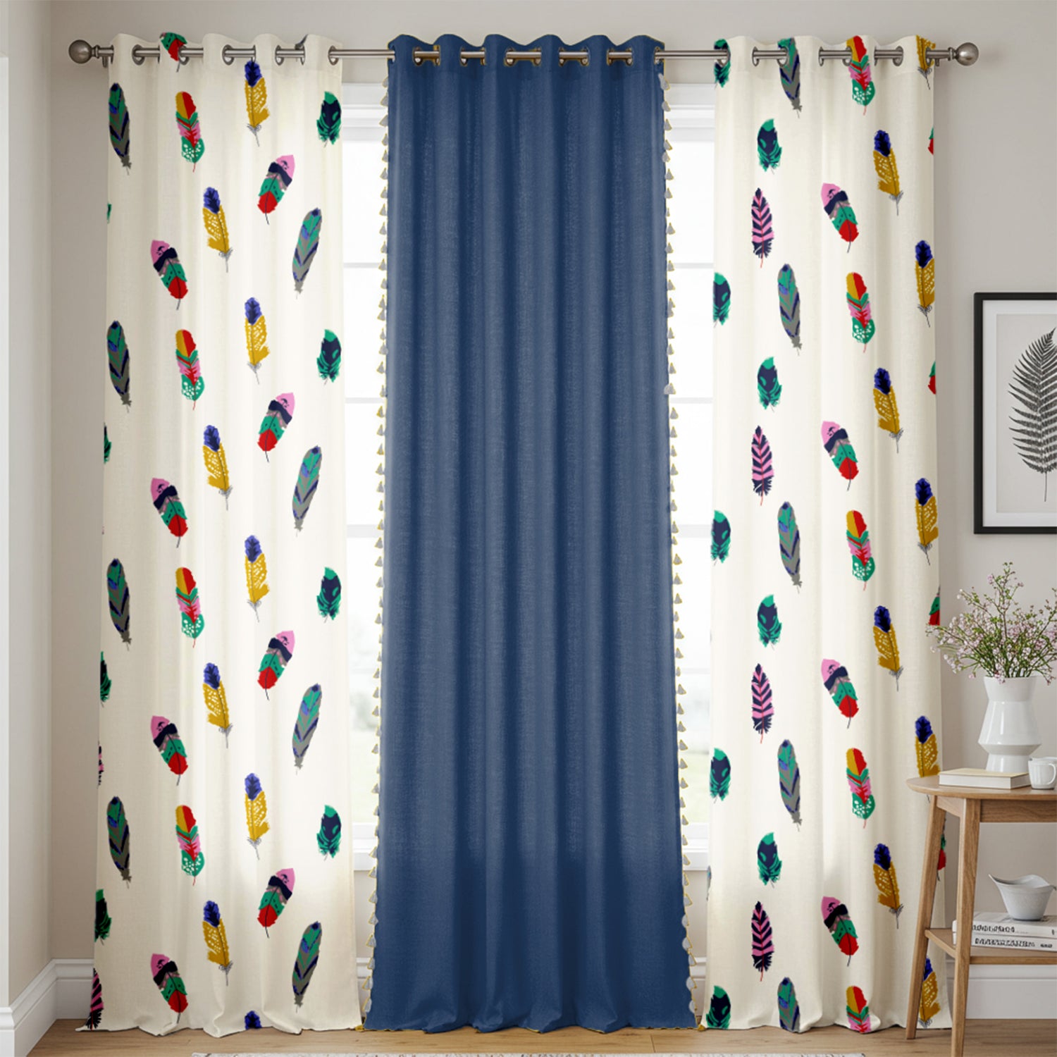 Cotton Curtains Combo, Set of 3 curtains, 60-65% Room Darkening Curtain - Dream Catcher & Aura Indigo